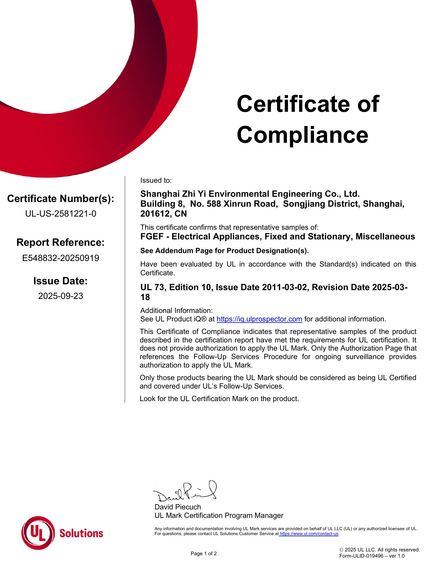 UL-US Certificate of Compliance