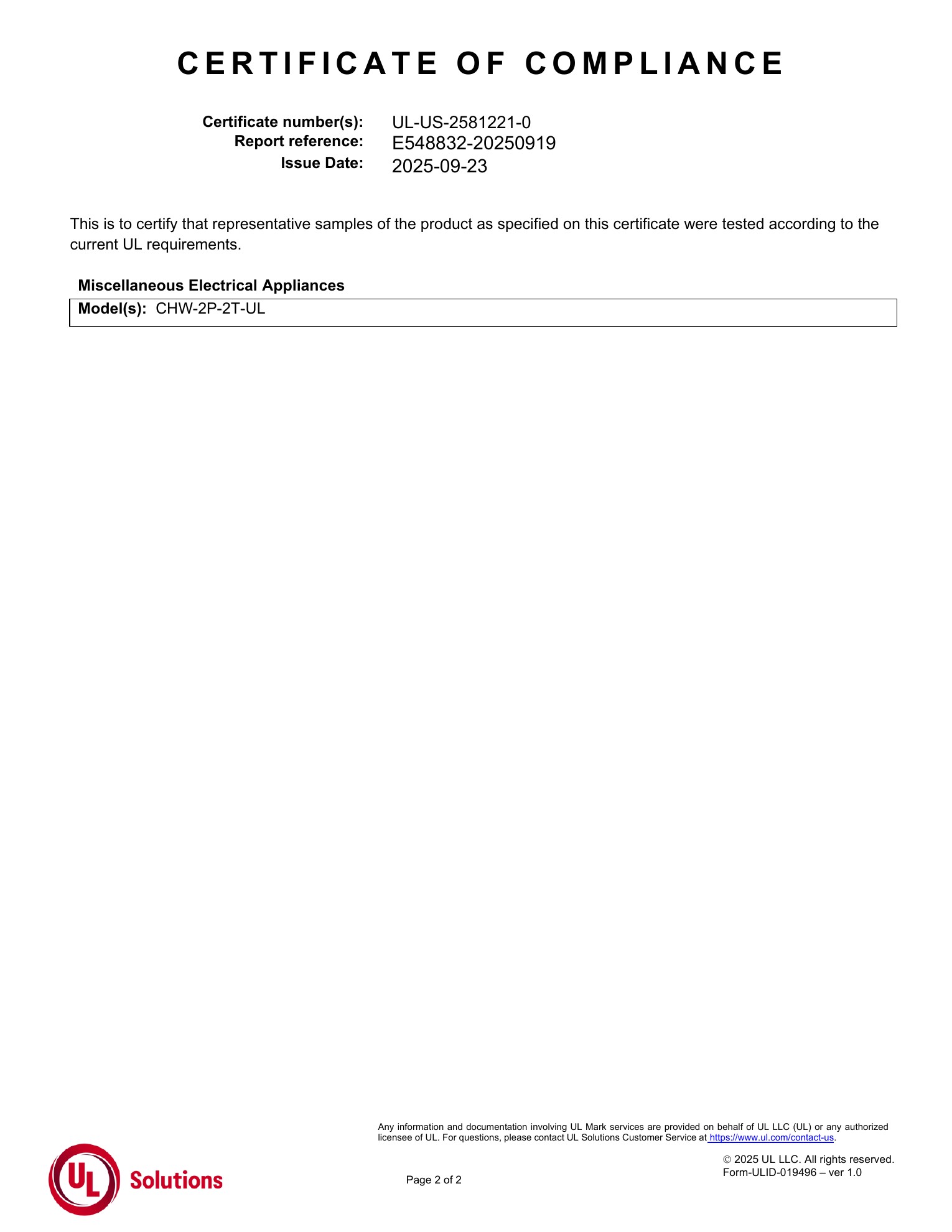 UL-US Addendum / Model CHW-2P-2T-UL