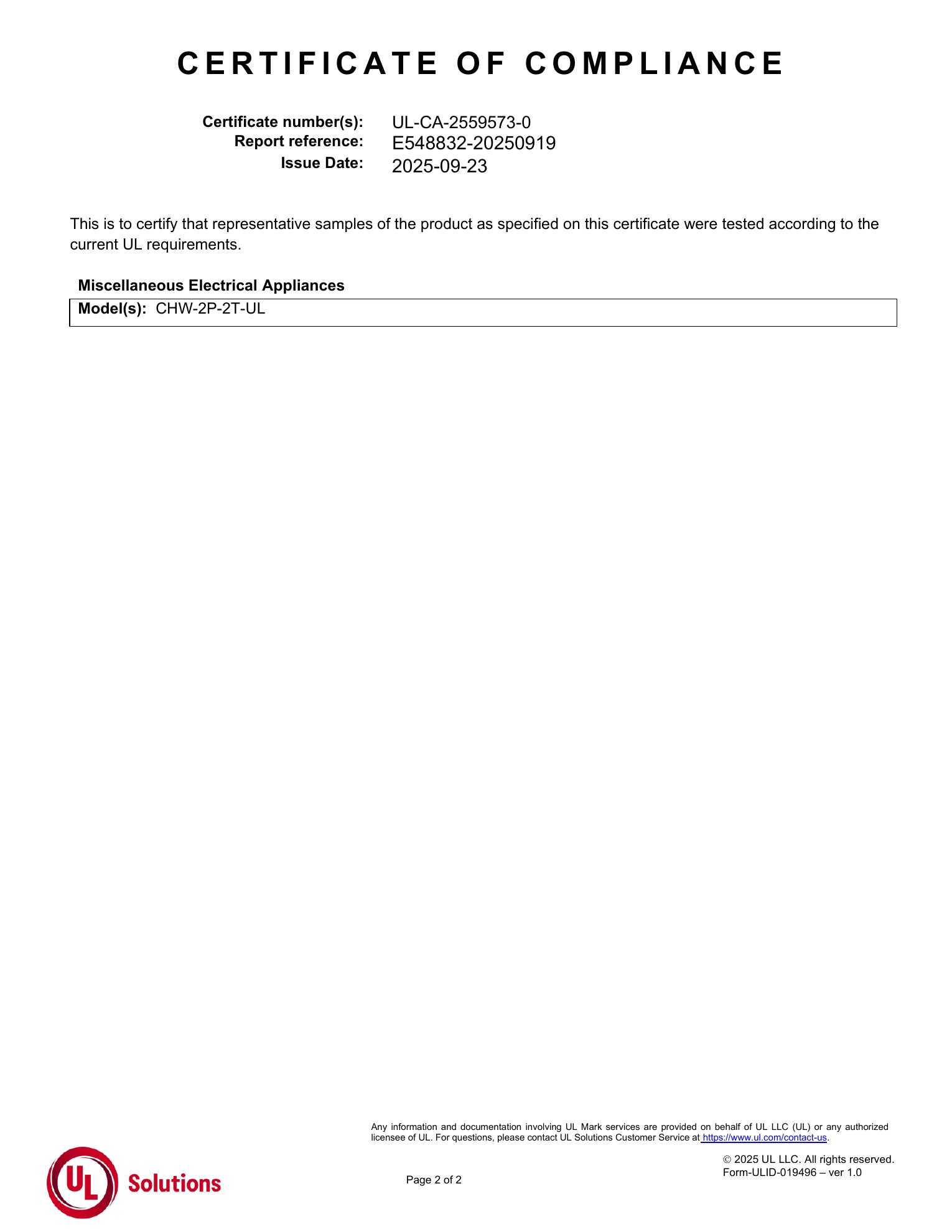 UL-CA Addendum / Model CHW-2P-2T-UL